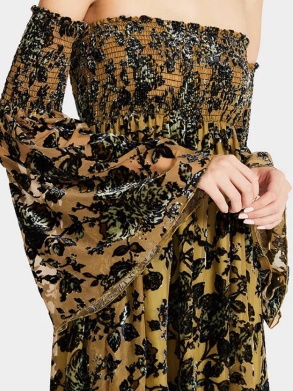Betsey Johnson Off-Shoulder Velvet Burnout Maxi Dress in mustard and Black